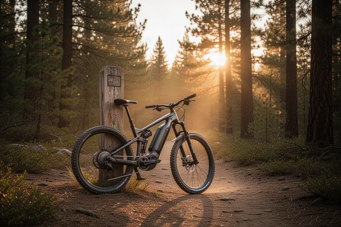 Leichtes E-Mountainbike lehnt bei goldener Stunde an einem Markierungsstein am Trail