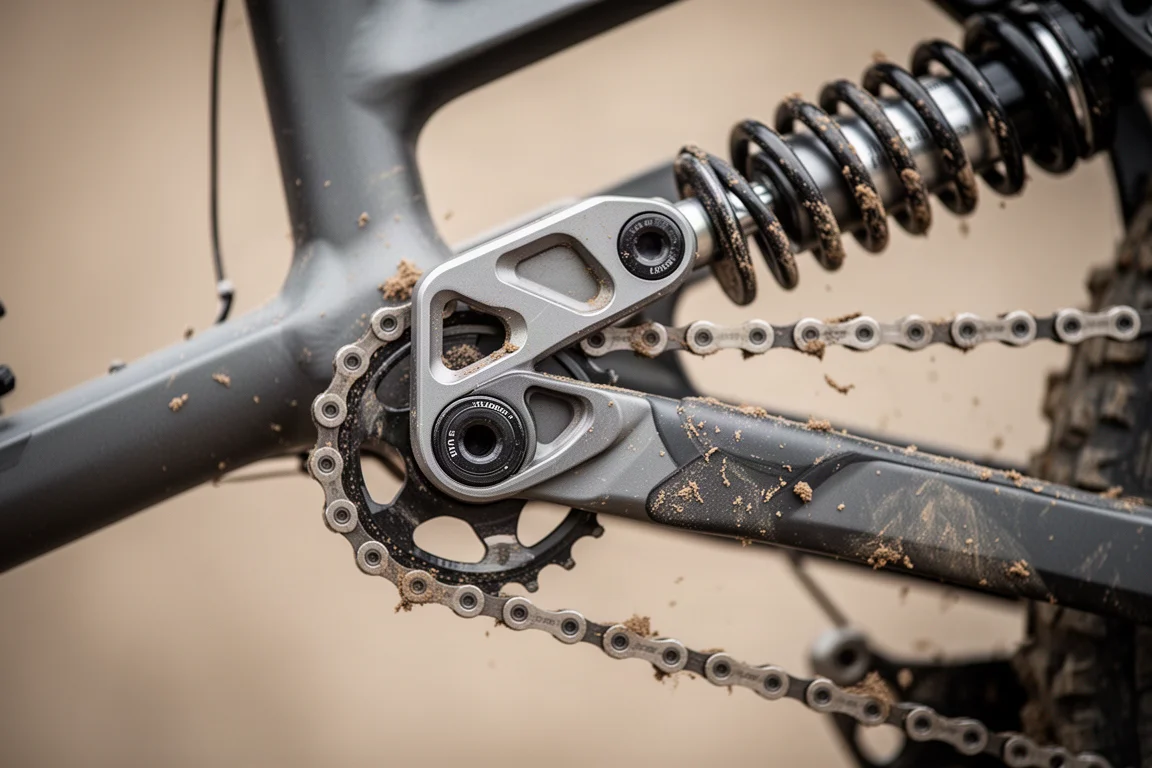 Nahaufnahme eines High-Pivot-Federungsgestänges und einer Umlenkrolle an einem schlammigen Enduro-Bike