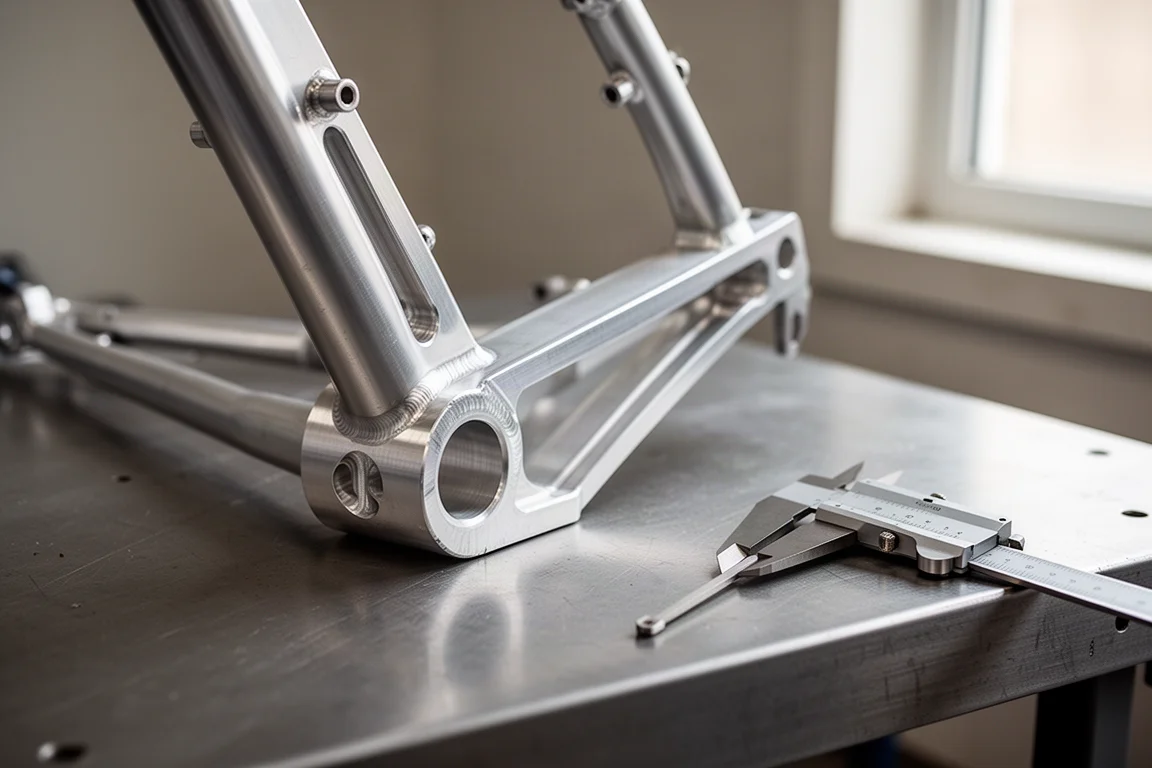 CNC-gefrästes Aluminium-Rahmensegment eines Fahrrads auf einer Werkbank