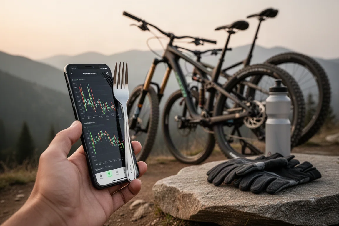 Trail-Fahrer prüft Fahrwerkstelemetrie-Daten auf einem Smartphone neben einem Mountainbike