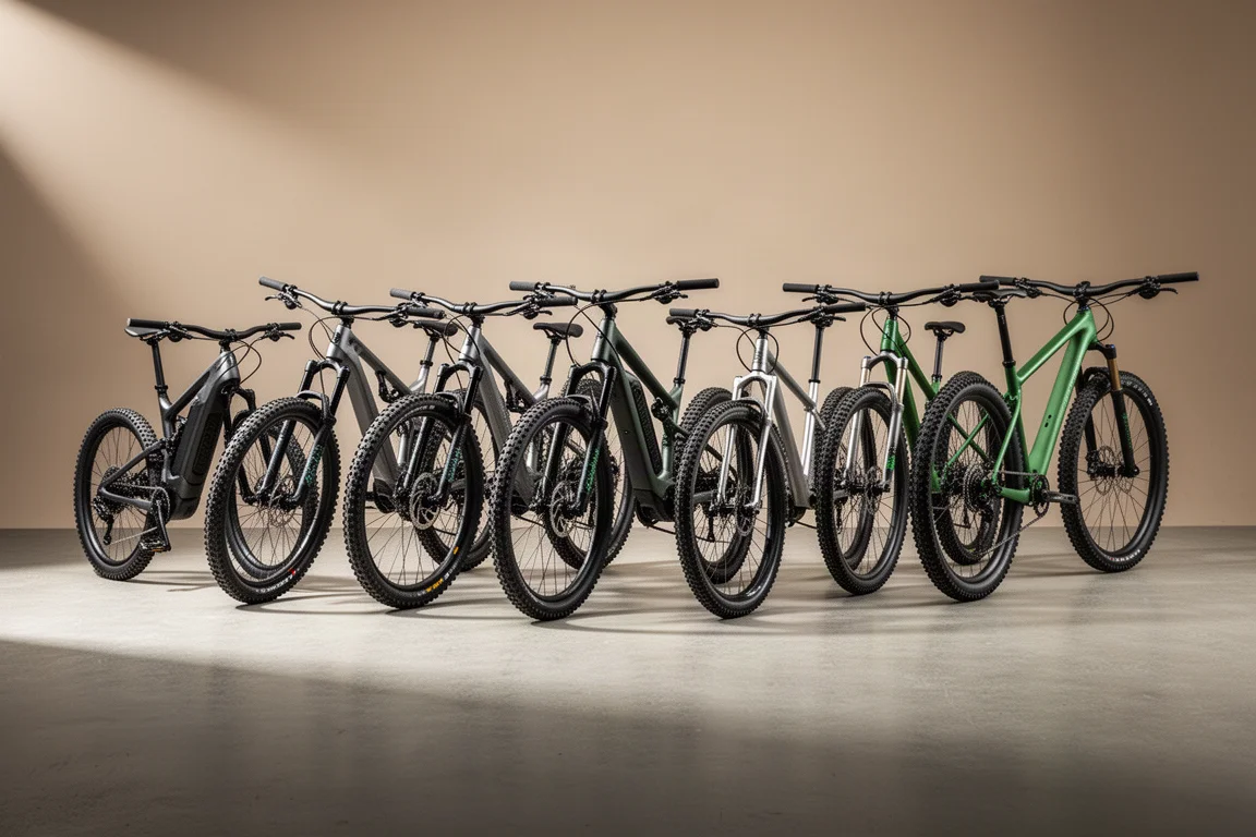 Sieben Mountainbikes in einer Reihe auf einer Betonfläche bei Studiolicht