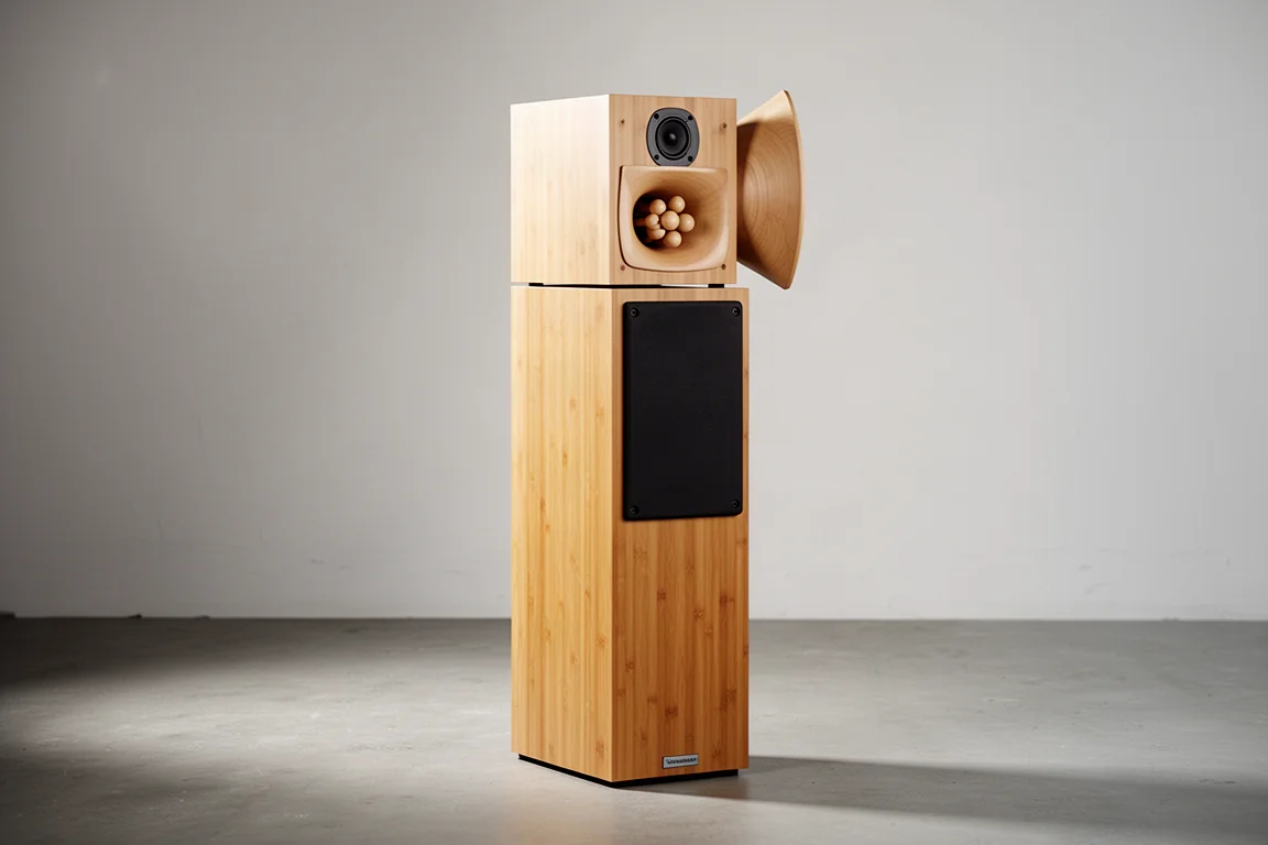 Bamboo open baffle speaker system with subwoofer stand and horn-topped monitor