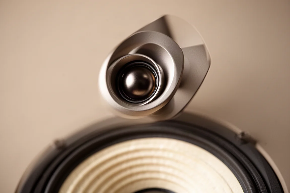 Primo piano di un tweeter a tromba con un mid-woofer dal cono in carta dolcemente sfocato sotto