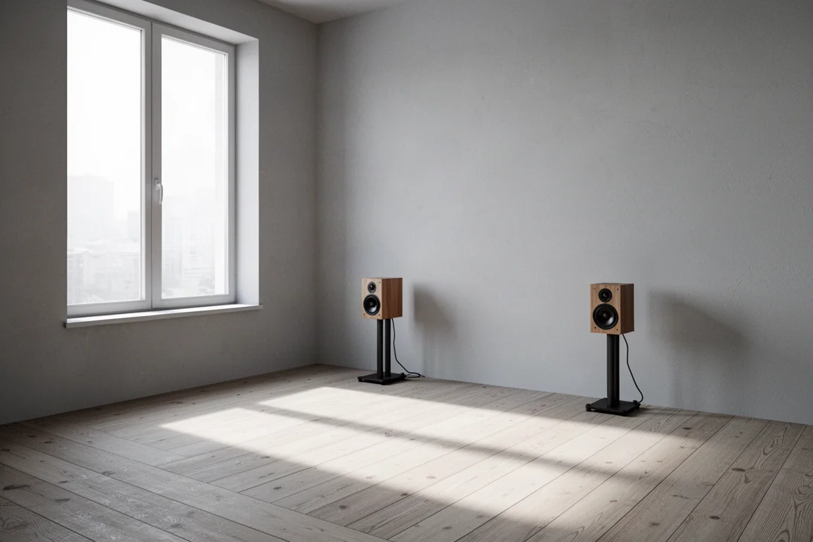 Stanza minimalista con assi del pavimento a vista e una grande finestra, piccoli diffusori su stand vicino a una parete spoglia