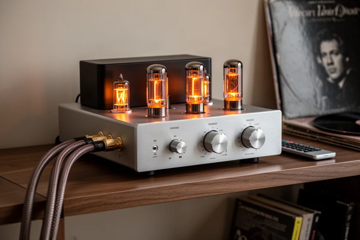 Amplificatore a valvole con valvole luminose e cavo di potenza su una mensola in legno in penombra