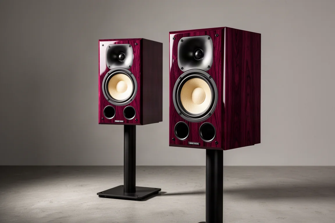 Pair of gloss rosewood stand mount speakers on slim stands against a neutral grey backdrop