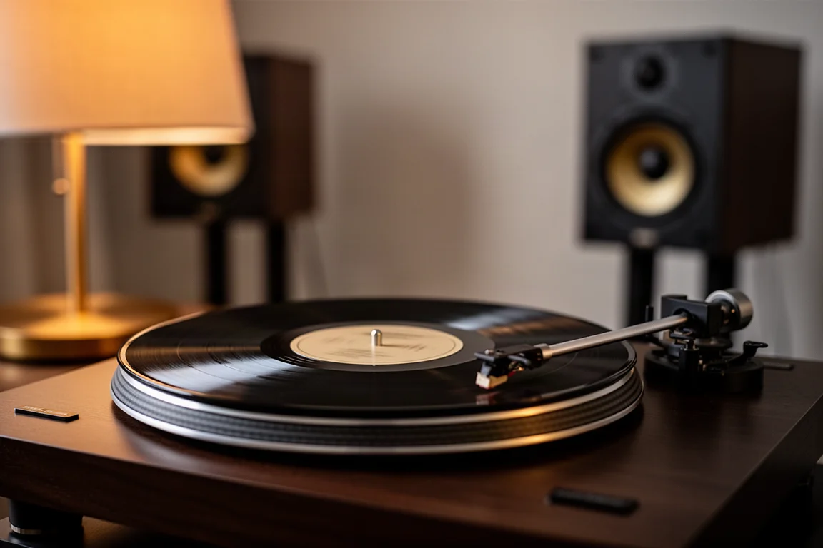 Gramofon wirujący w ciepłym pomieszczeniu odsłuchowym obok kolumn na standach