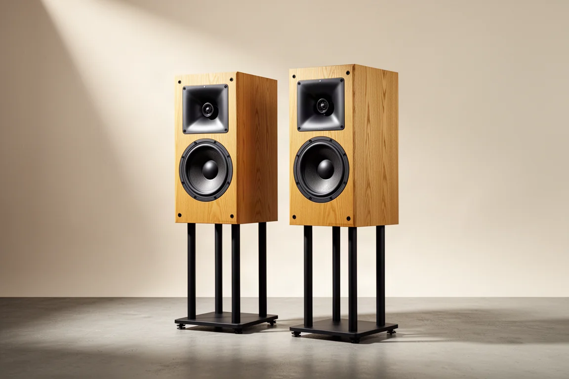 Pair of golden oak bookshelf loudspeakers on black stands against a neutral backdrop