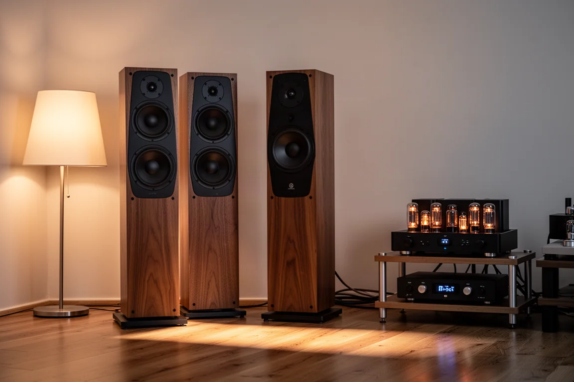 Altavoces de suelo de alta sensibilidad en una sala de escucha con luz suave al atardecer