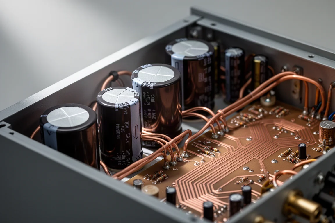 Primer plano de grandes condensadores de película y cableado de cobre dentro de un amplificador de válvulas