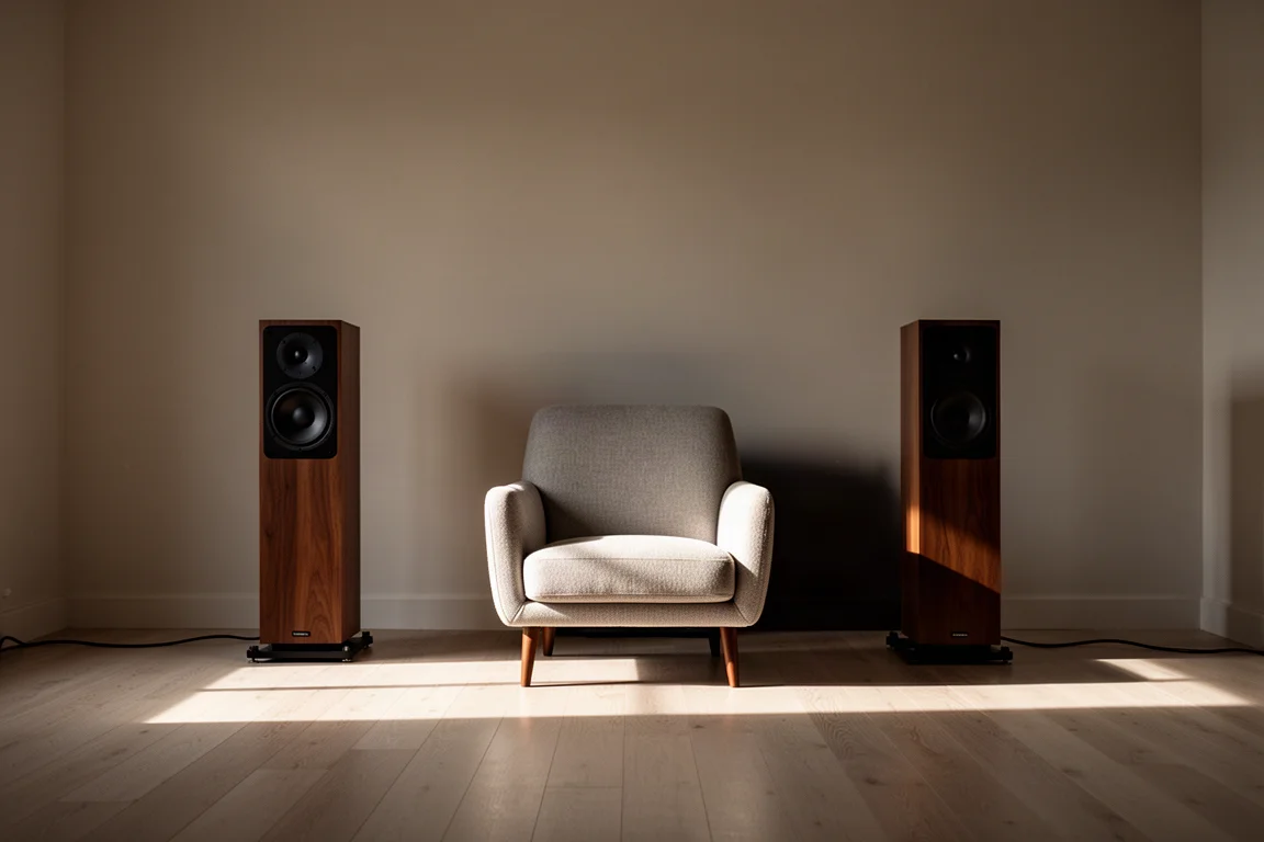 Sillón de escucha vacío entre dos altavoces en una sala amplia y silenciosa