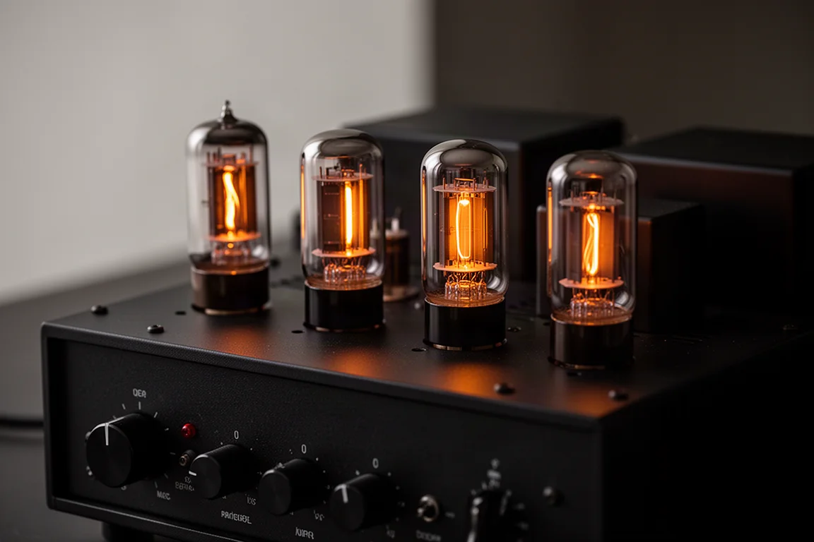 Válvulas de vacío encendidas sobre la placa superior de un amplificador en una sala con poca luz