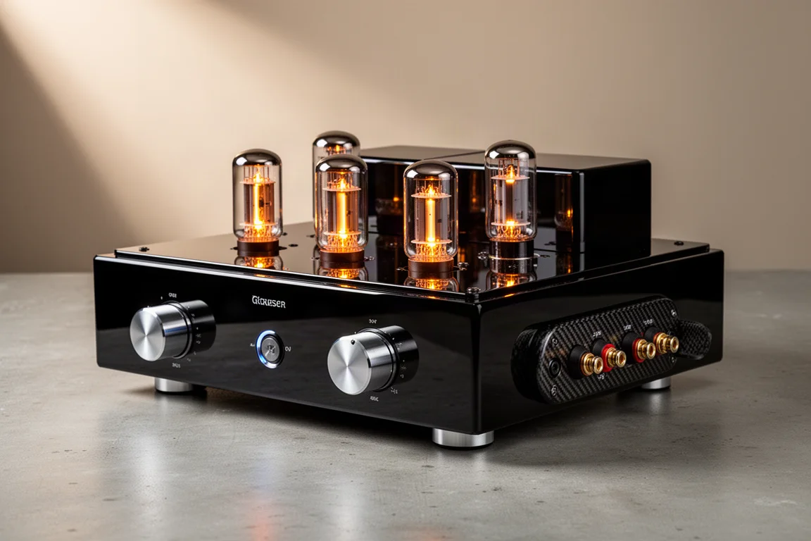 Large black integrated tube amplifier with glowing vacuum tubes on a concrete surface