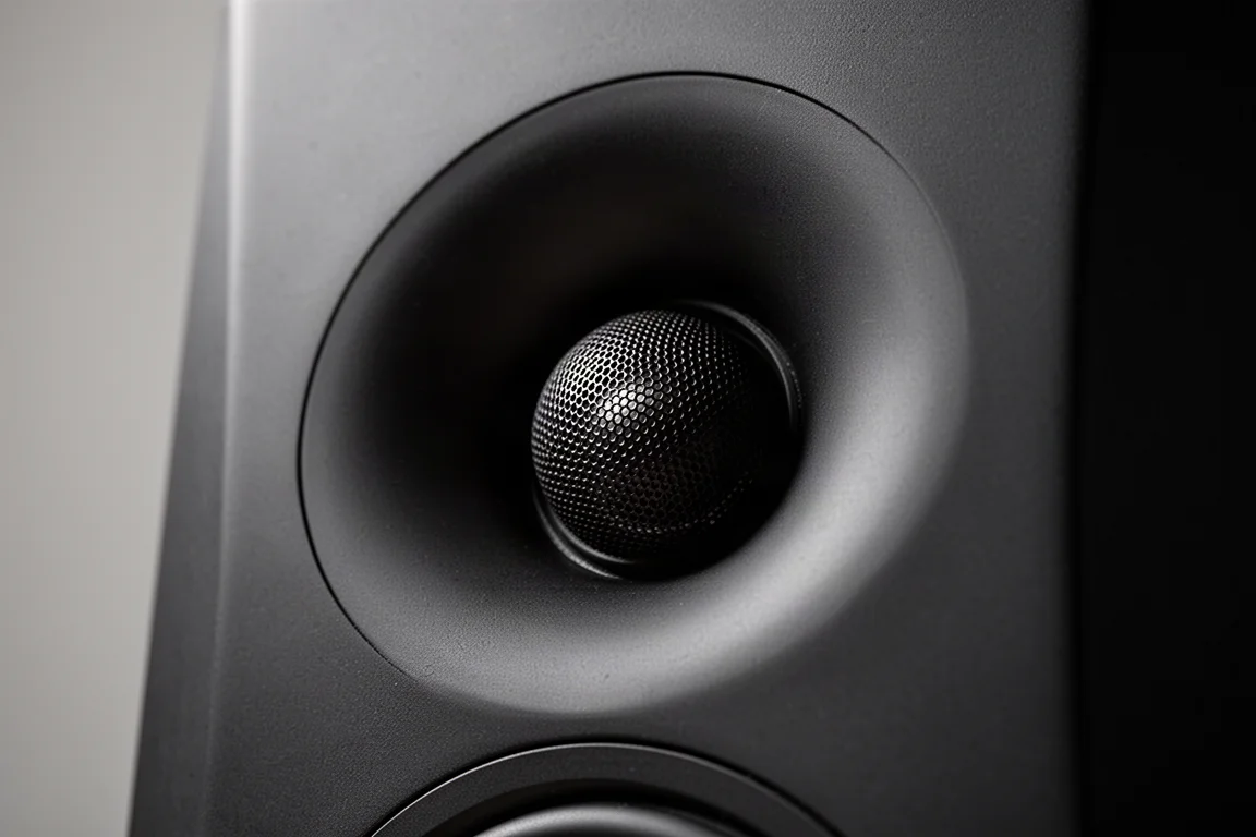 Nahaufnahme eines Soft-Dome-Hochtöners, der in einem Waveguide auf einer mattschwarzen Schallwand versenkt ist