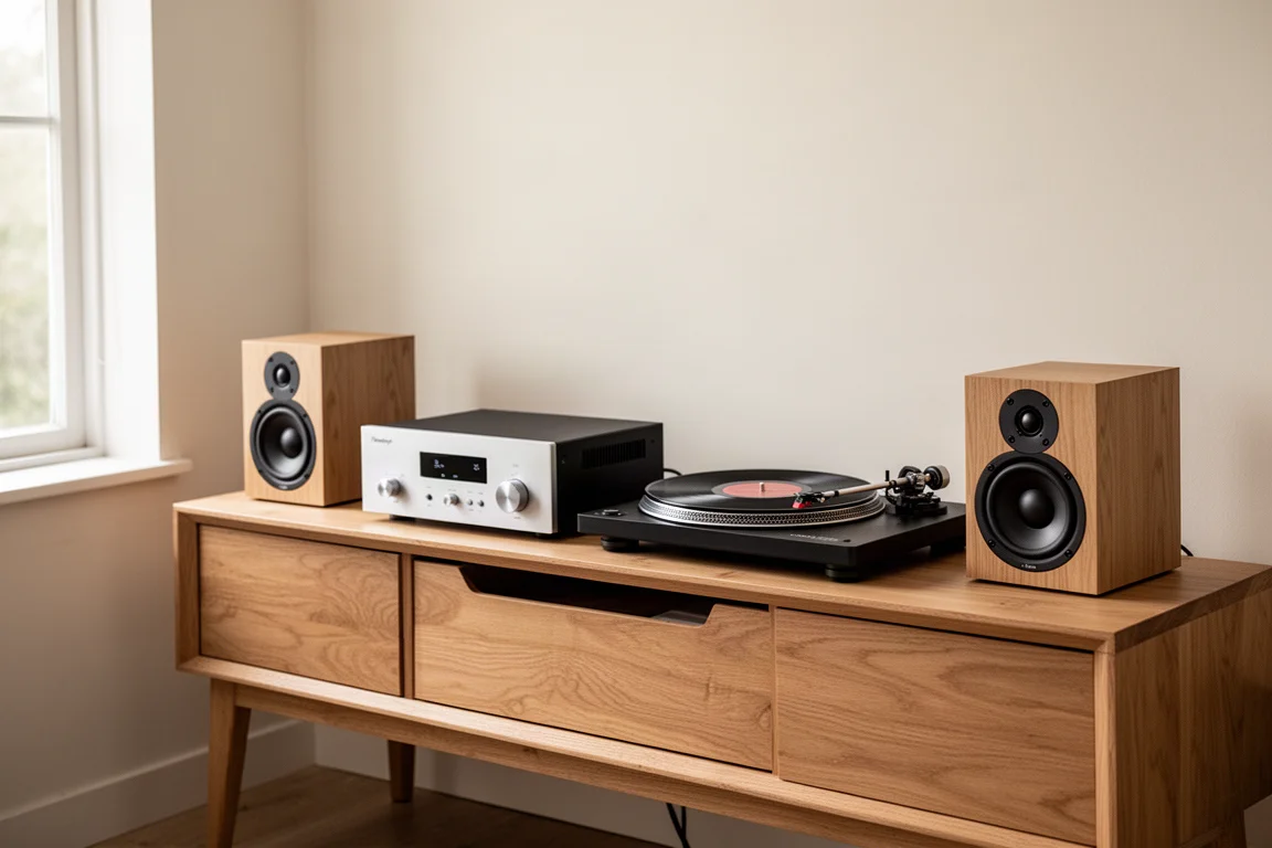 Hi-Fi-System mit Verstärker, Plattenspieler und Regallautsprechern auf einer Holzkonsole