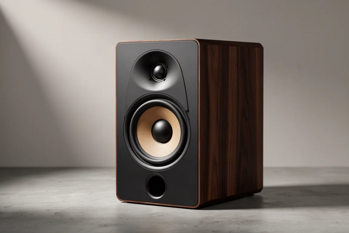 Two-way standmount speaker with soft dome tweeter and paper cone woofer on concrete