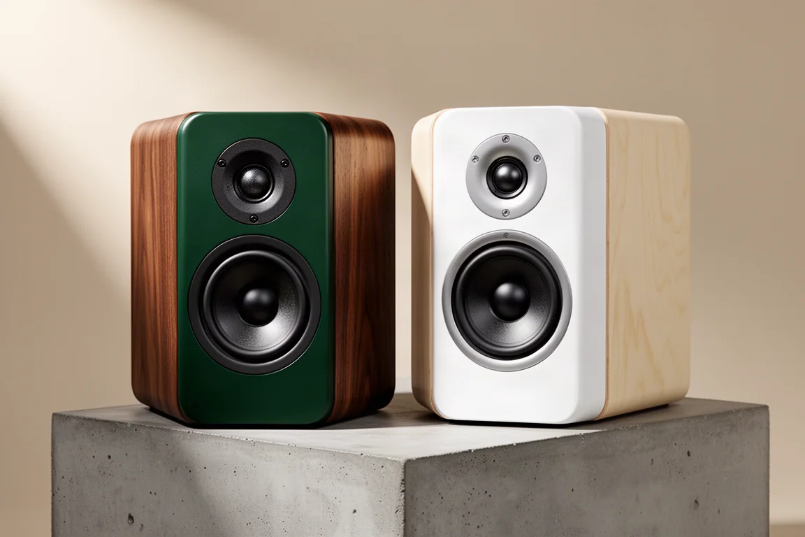 Two standmount hi-fi speakers side by side, one dark green and one satin white