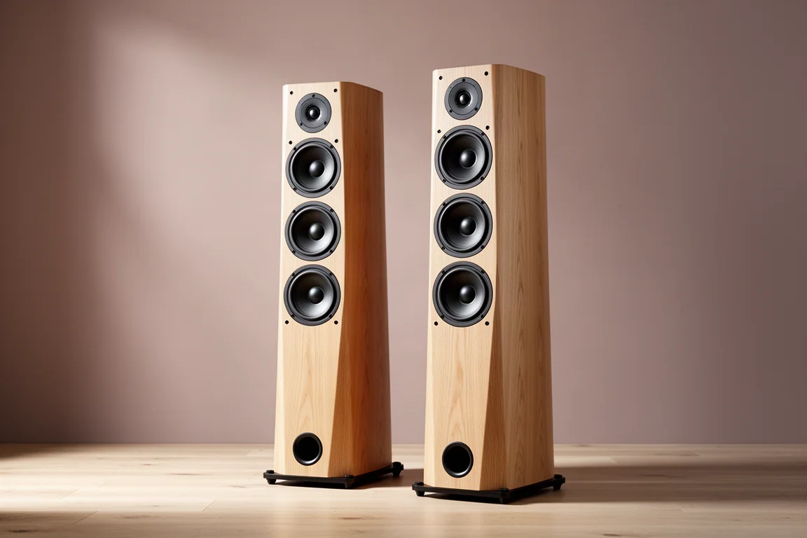 Pair of light wood floorstanding tower speakers in a minimal modern living space
