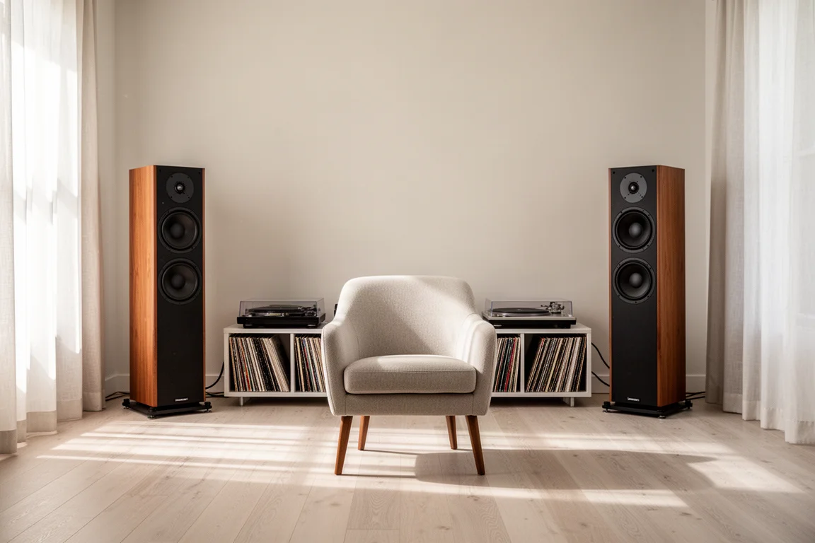 Bright listening room with two tall floorstanding speakers flanking a low shelf of vinyl records