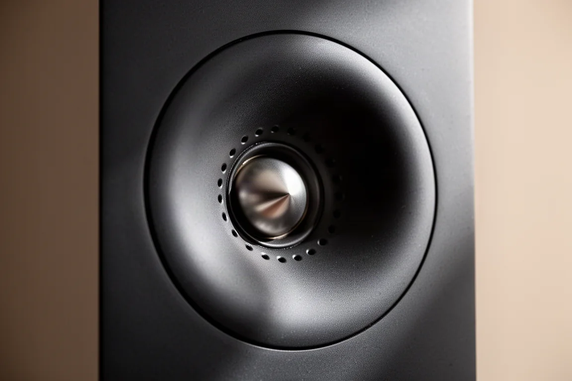 Close-up of a horn-loaded tweeter with a ring of small dimples around the throat