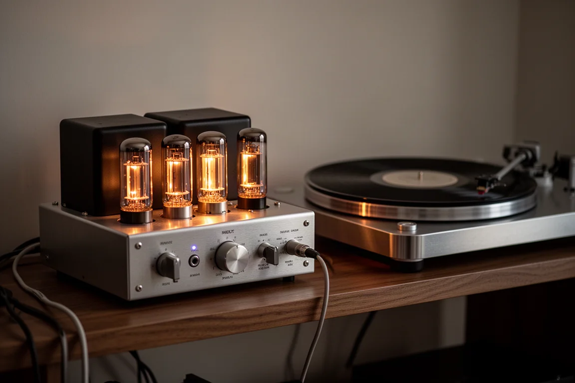 Vintage tube amplifier with glowing valves beside a turntable in a dim room