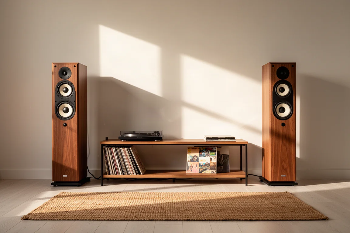 Pair of floorstanding tower speakers in a sunlit living room with a record shelf