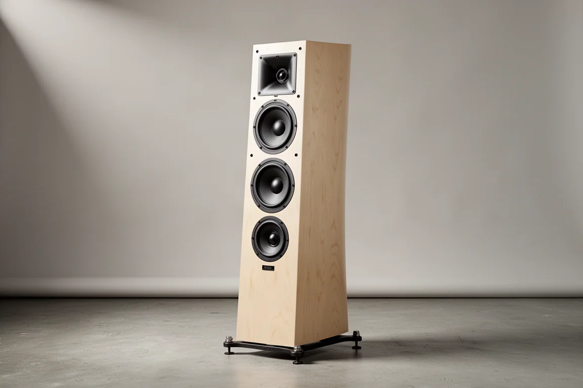 Tall three-way floorstanding tower speaker in birch veneer on a neutral grey backdrop
