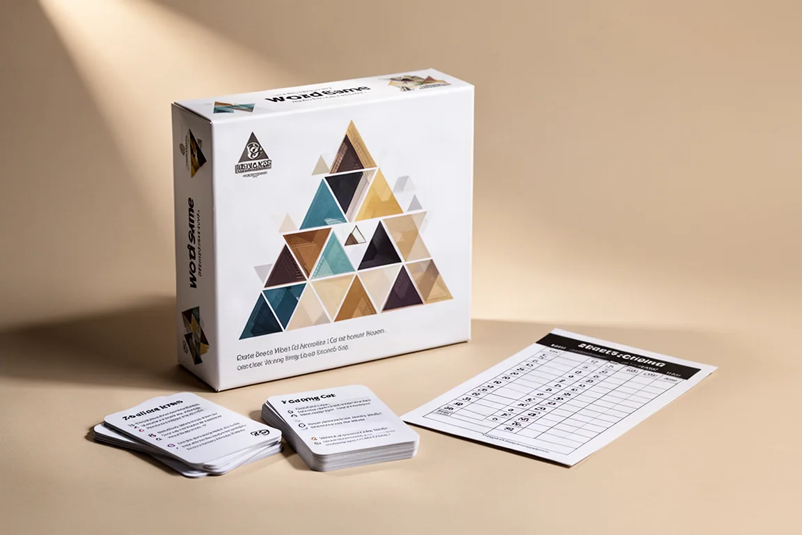 Sammlung von Brettspielschachteln und -komponenten, angeordnet auf einem Holztisch
