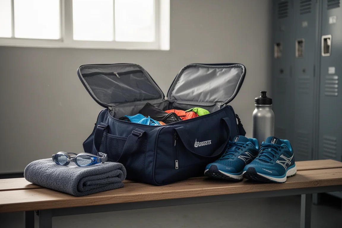 Bolsa de equipamentos aberta em um banco com óculos de natação, tênis de corrida e uma garrafa de água