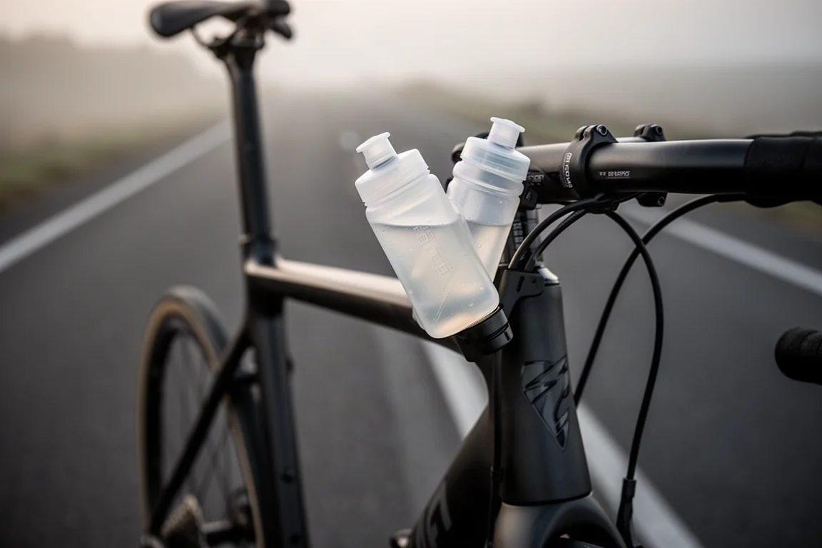 Close-up de um frasco de gel translúcido montado no tubo superior de uma bicicleta de estrada