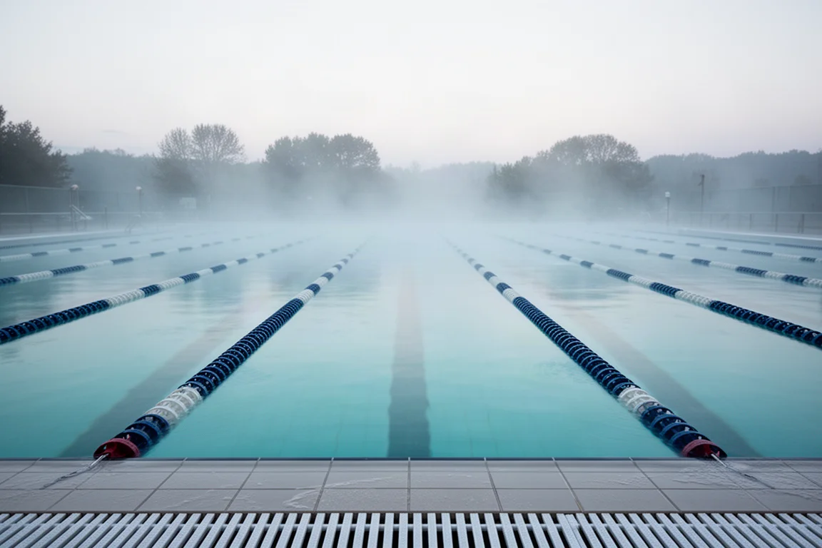 Raia de piscina externa vazia ao amanhecer com água turquesa calma