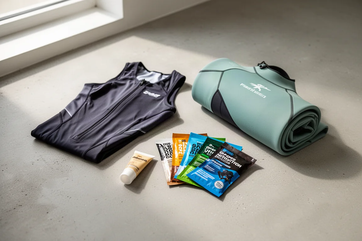 Triatlon cadeauartikelen flat-lay met tri suit, voedingszakjes en surfwetsuit op beton