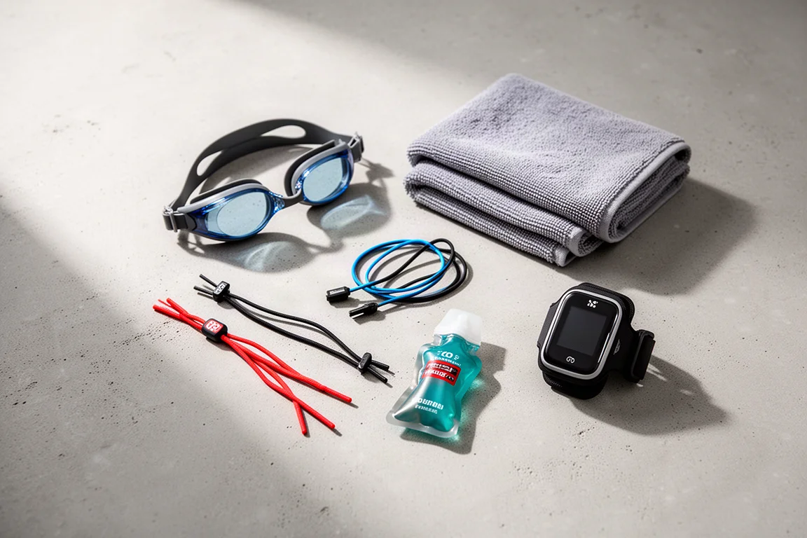 Vue à plat d'accessoires de triathlon : lunettes, serviette, lacets et flacon à gel