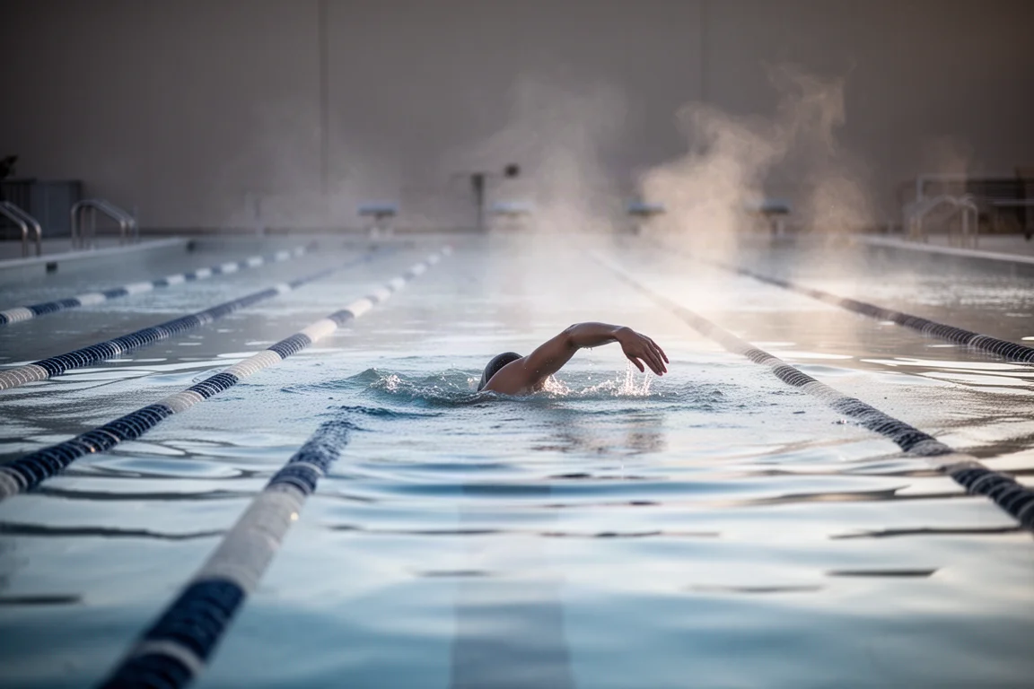Piscine extérieure à l'aube, eau calme, lignes d'eau et bras d'un nageur qui entre dans l'eau
