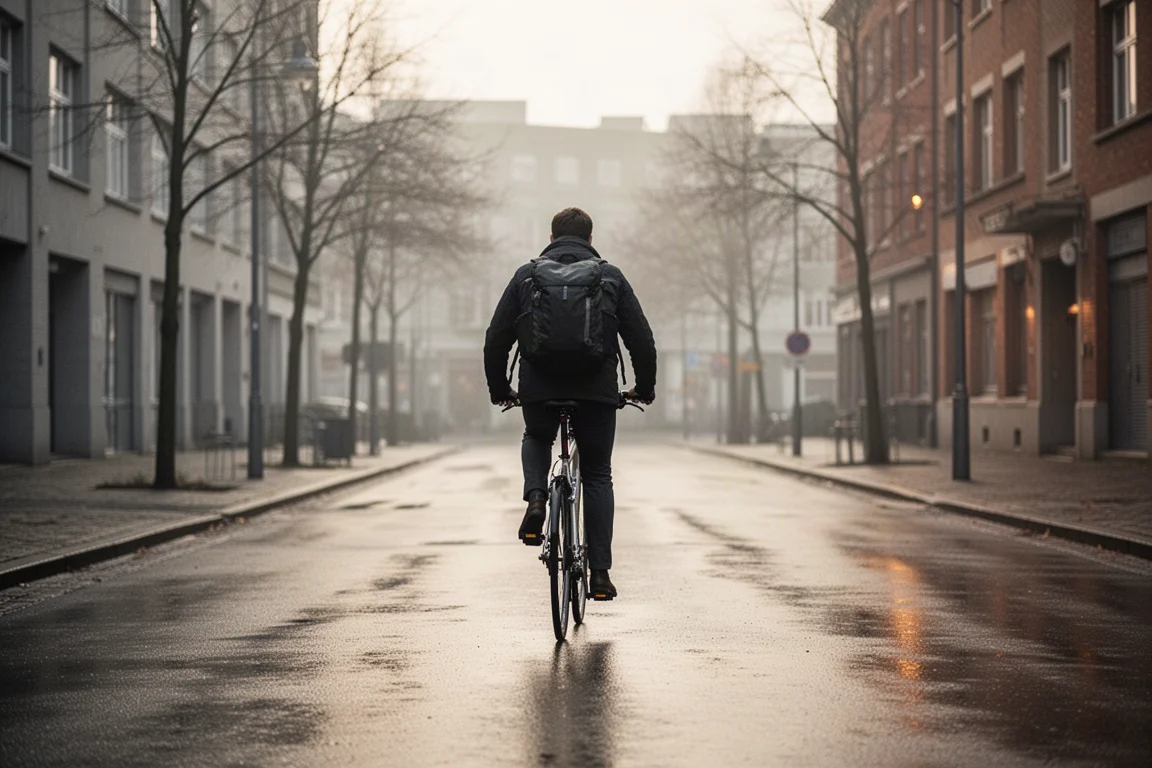 Navetteur à vélo dans une rue urbaine calme à l'aube, portant un sac à dos sombre