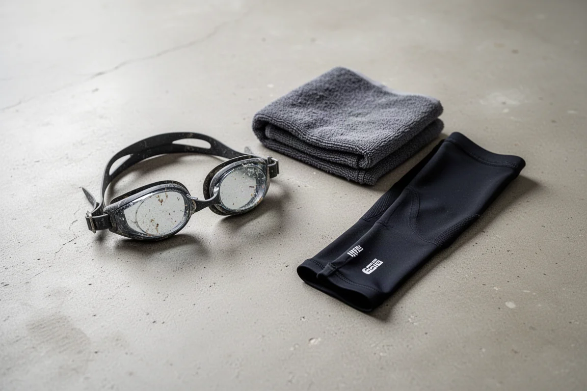 Vista cenital de gafas de natación usadas, una toalla y manguitos de gemelo sobre un suelo de hormigón claro