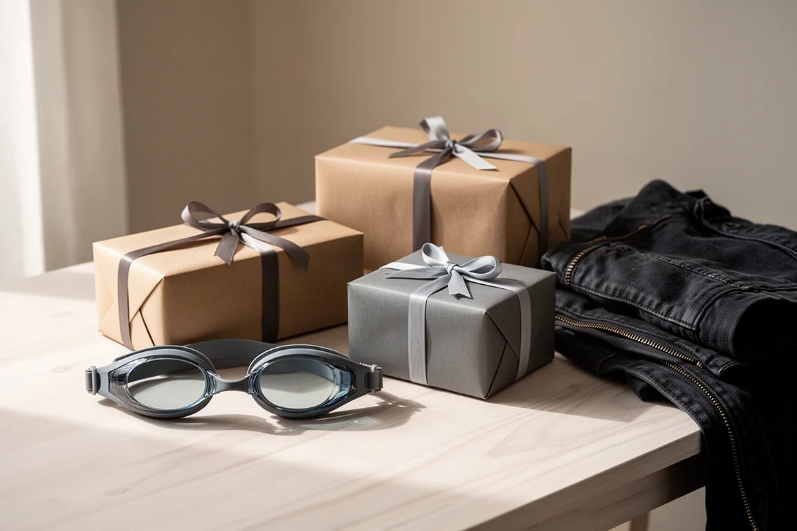 Regalos envueltos sobre una mesa de madera junto a gafas de natación y una chaqueta doblada