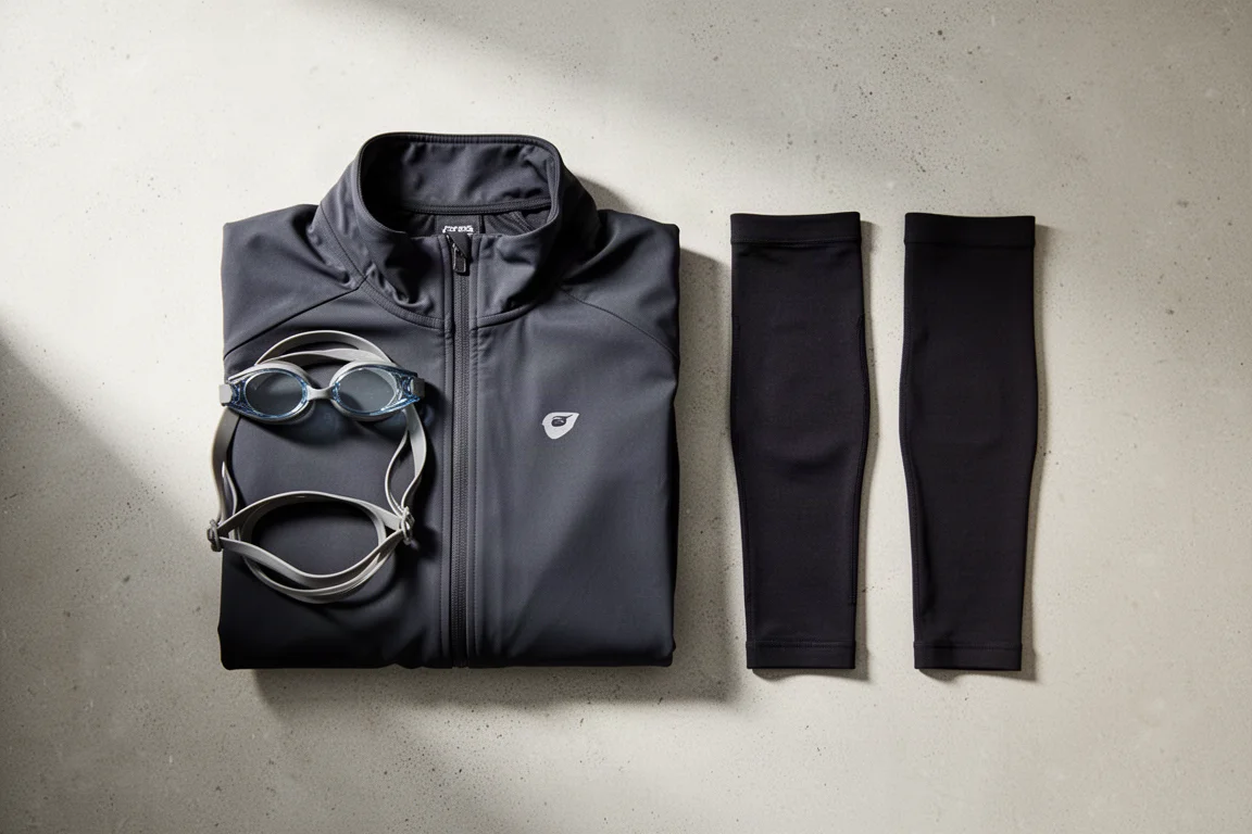 Swim goggles, a folded thermal parka and black calf sleeves arranged on concrete