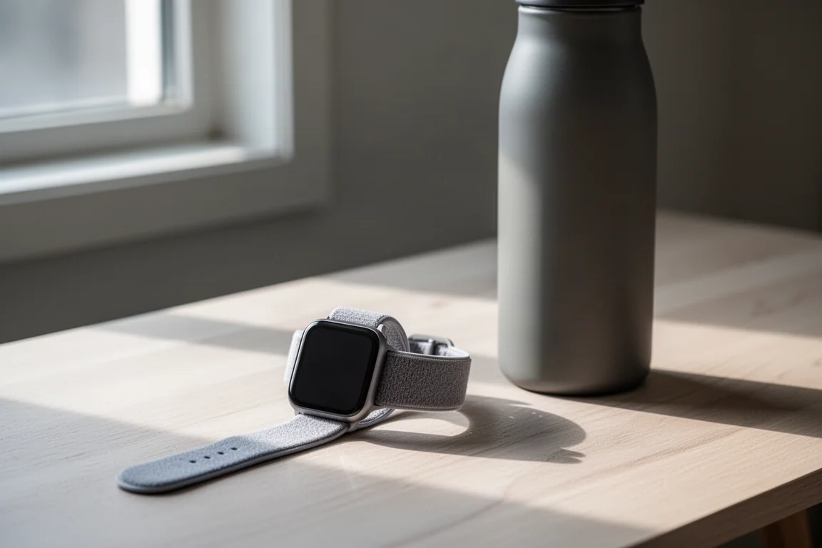 Smartwatch, heart rate strap and water bottle on a wooden table in soft morning light