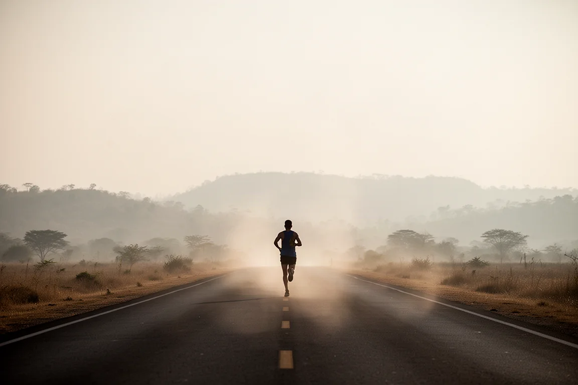 Runner on a sunlit road in hot humid conditions with heat haze above the tarmac
