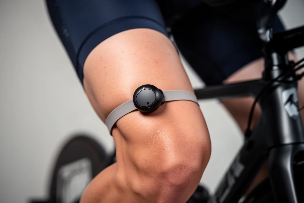 Small sensor strapped to a cyclist thigh muscle during an indoor training session