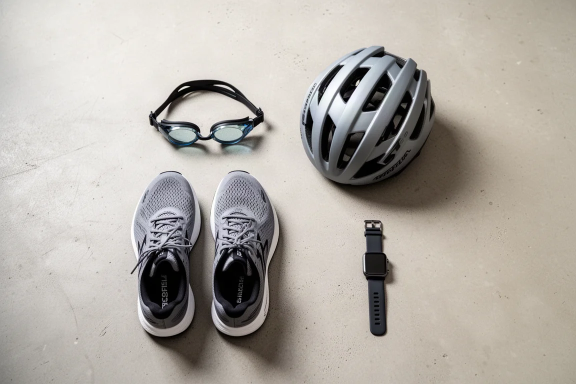 Triathlon kit flat-lay with goggles, running shoes, helmet and watch on concrete