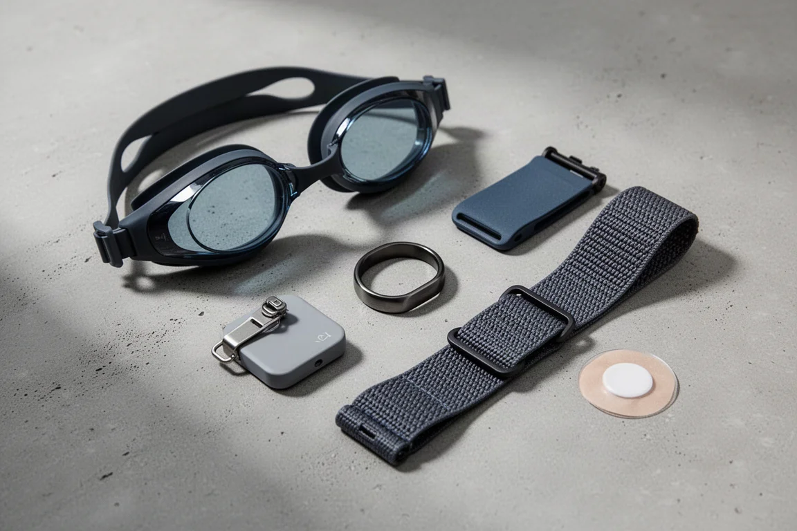 Endurance sports wearables including goggles, a ring, a band and a small sensor on concrete