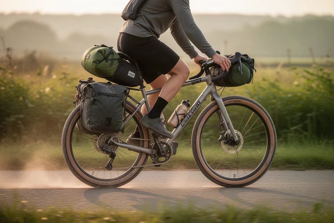 Loaded gravel bike leaning against a wooden post on a tropical coastal road at sunrise