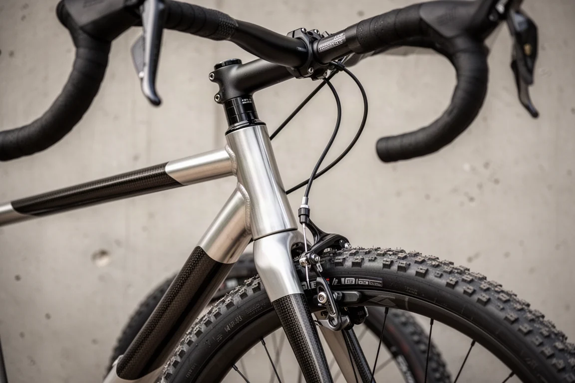 Close-up of a gravel bike cockpit with drop bars, short stem and cables