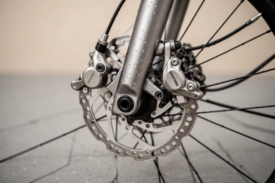 Macro shot of a flat-mount disc brake caliper with cable and hydraulic reservoir