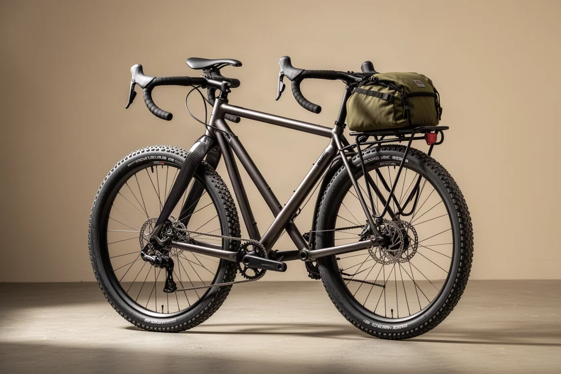 Loaded Triban Gravel 520 bike with bikepacking bags and bottles on a concrete surface