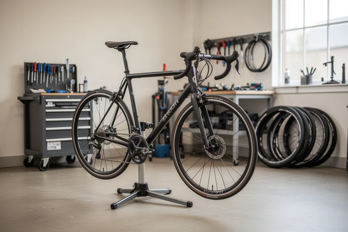 Vélo de route neuf appuyé contre un mur uni à l'intérieur d'un magasin de cycles lumineux