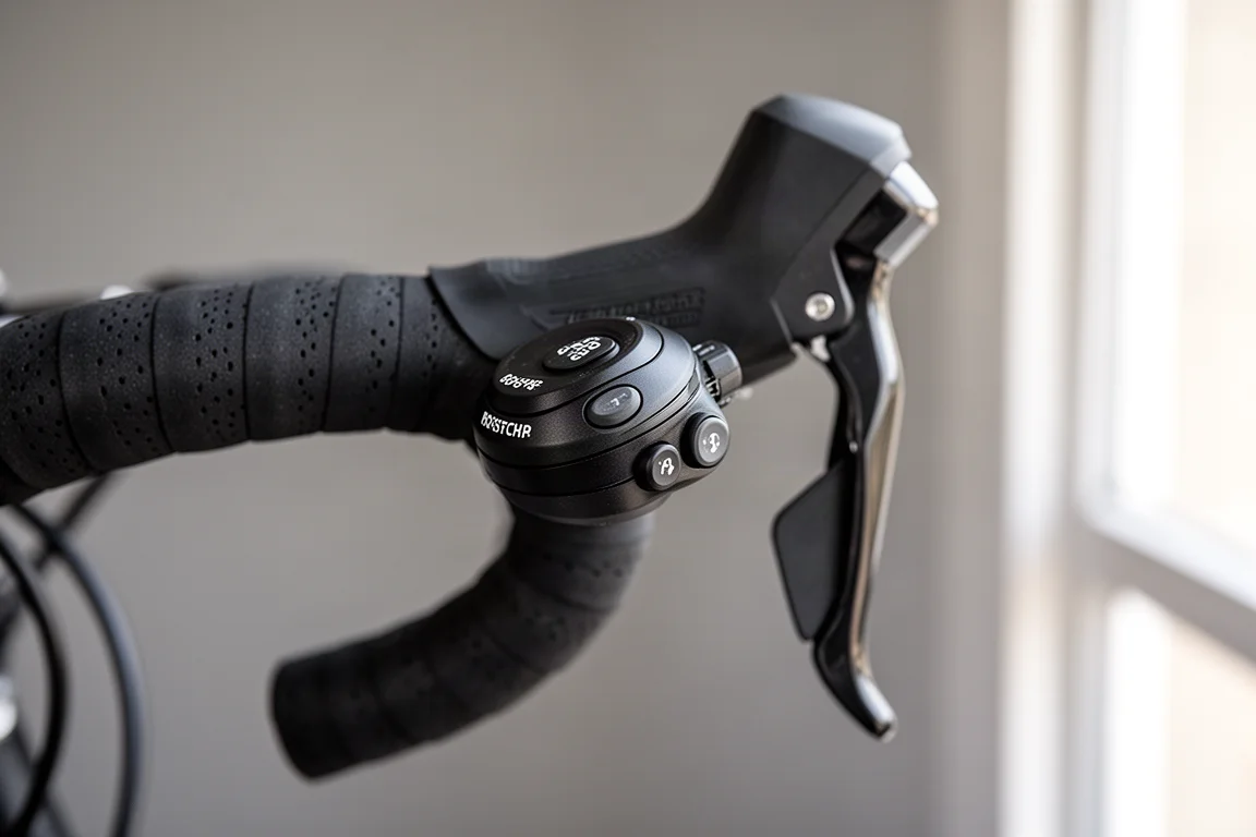 Gros plan sur les poignées de cintre route et le ruban de cintre noir d'un vélo de route