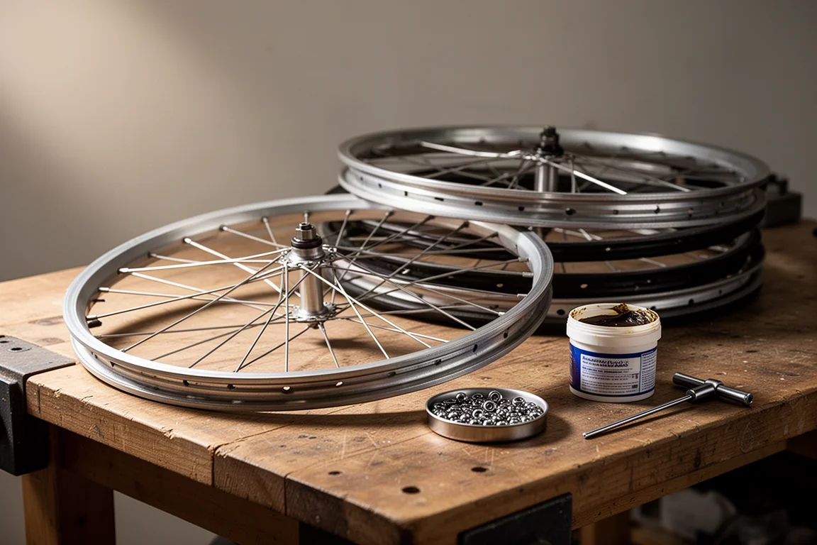 Roues et pneus de vélo de route sur un établi d'atelier pendant l'entretien